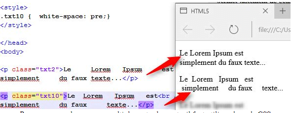 Pour conserver les espaces multiples entre les mots, il faut utiliser du code CSS