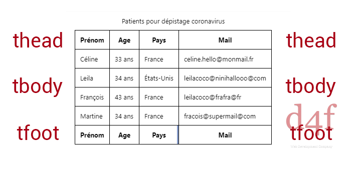 Un tableau HTML avec thead tbody et tfoot